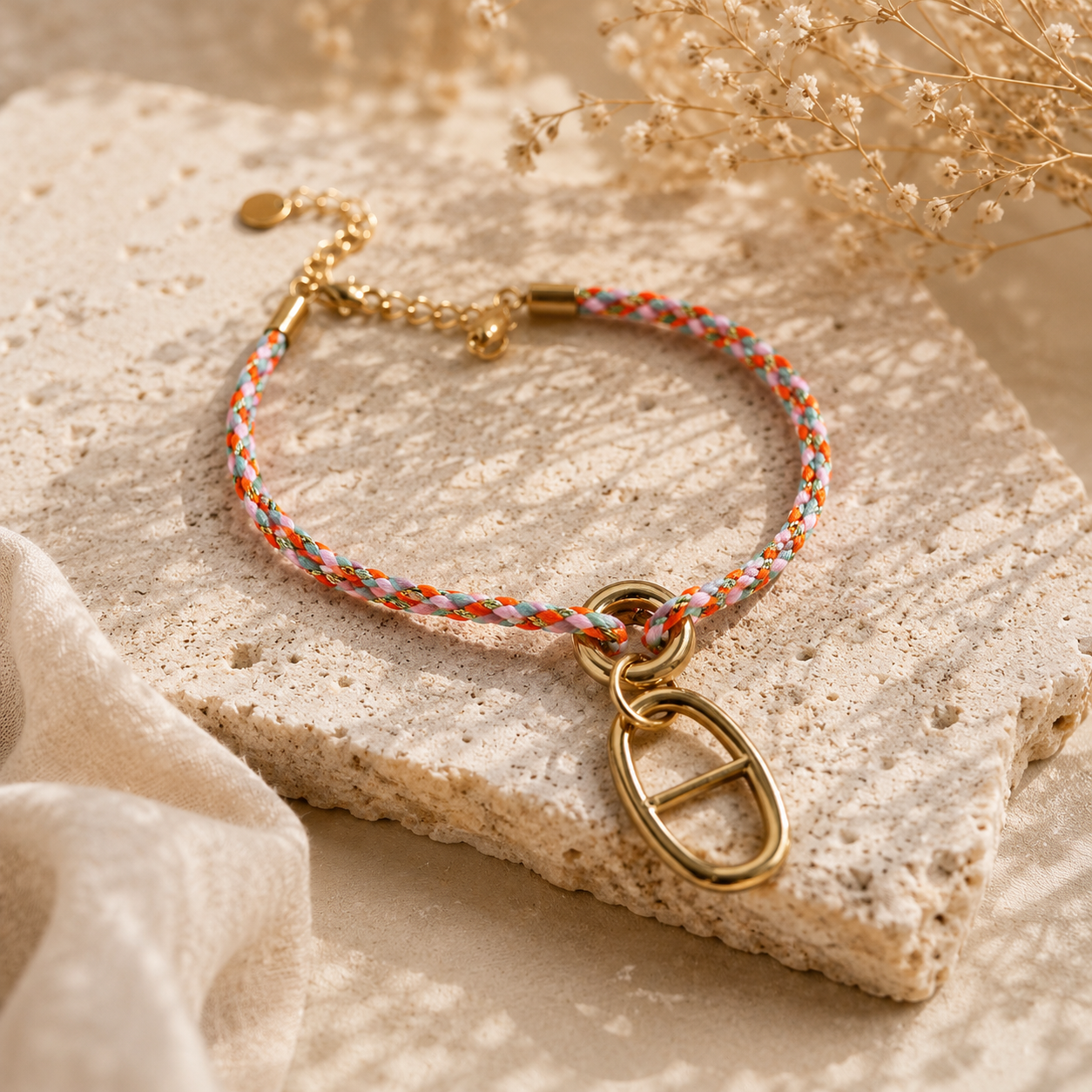 Bracelet jonc Positano rose en acier inoxydable sur fond naturel - Karélia