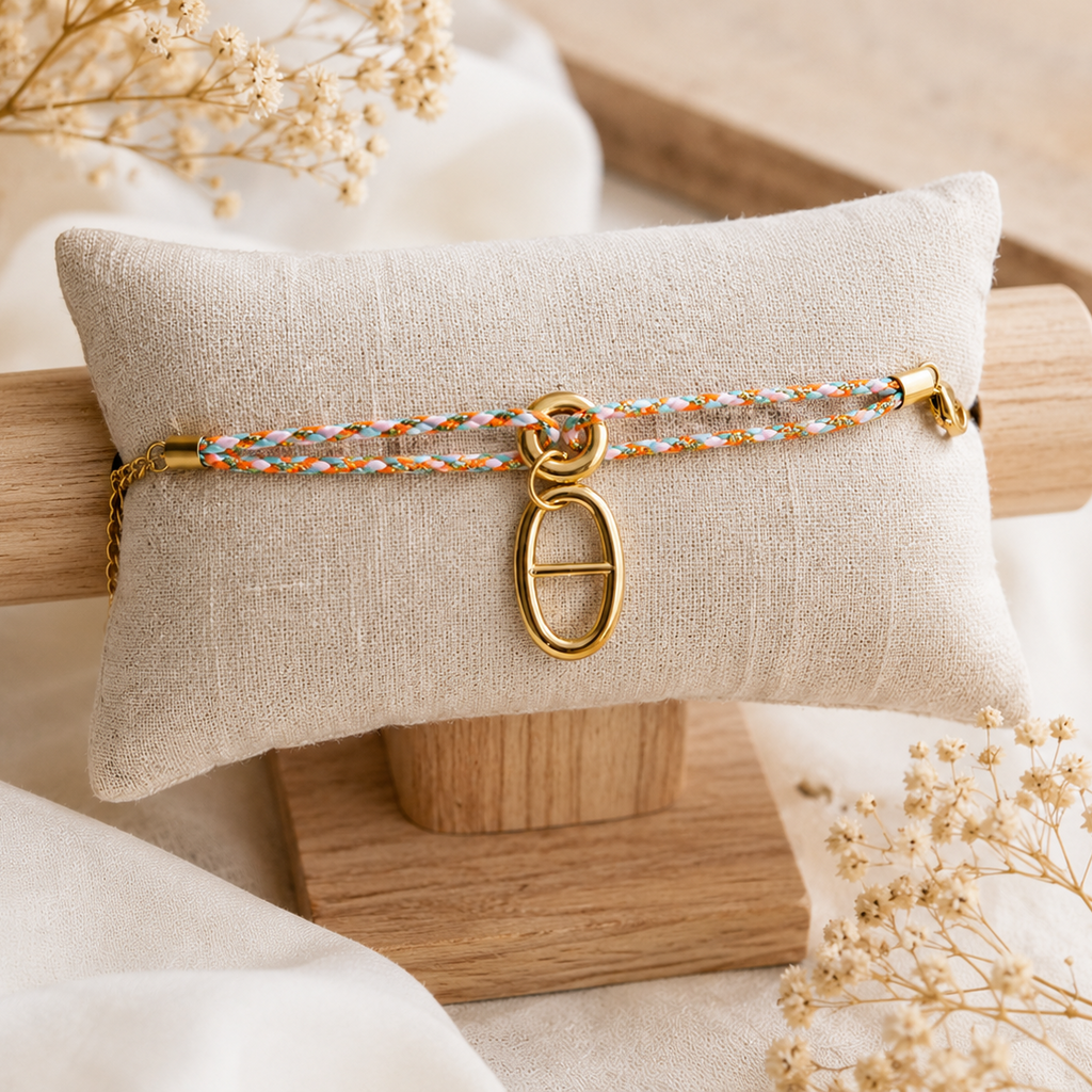 Bracelet jonc Positano rose en acier inoxydable sur présentoir - Karélia