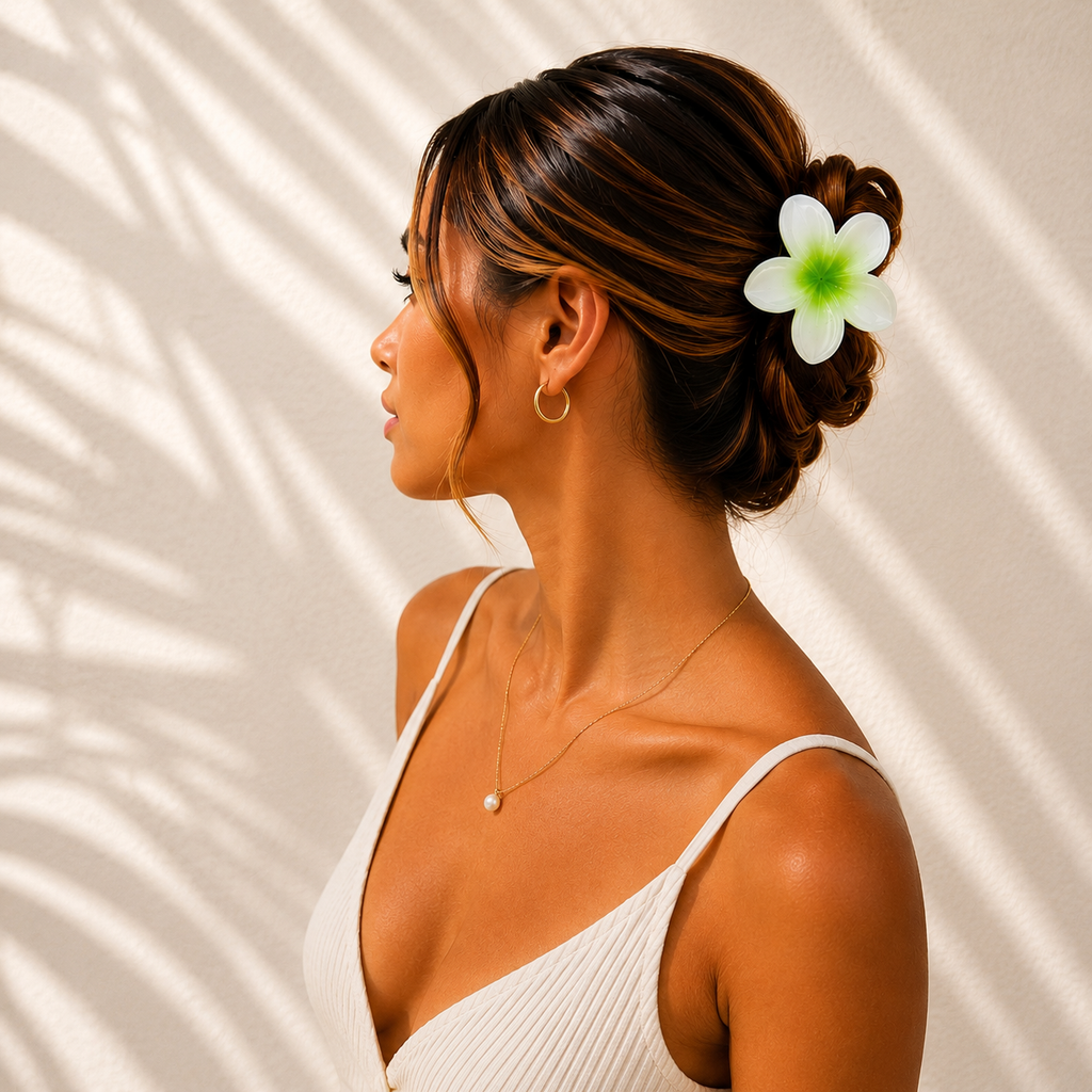 Coconut Fresh – Pince fleur blanche portée dans les cheveux – Karélia